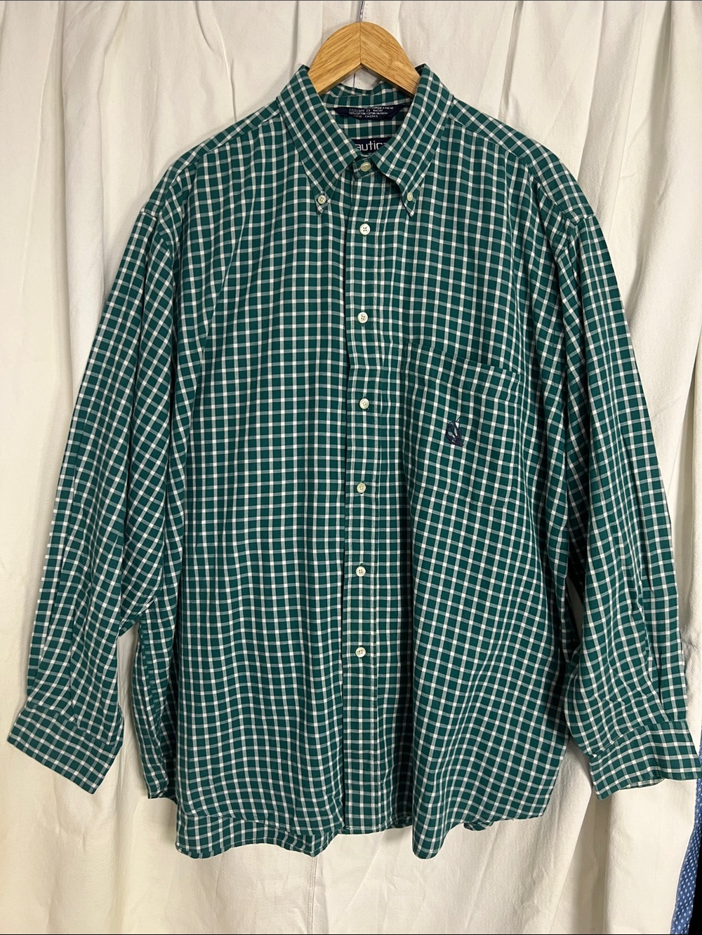 Men’s Nautica XL Dark Green and White Plaid Button-Down Shirt - office Casual